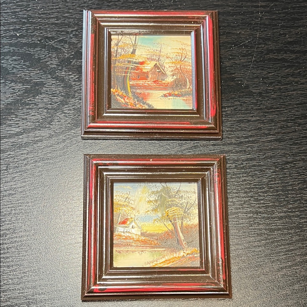 Pair of Vintage Miniature Landscape Oil Paintings Framed Wall Art